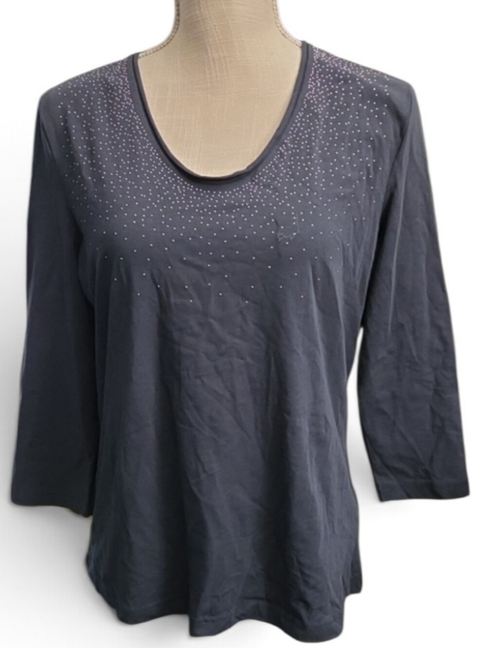 NWT Gerry Weber Slate Blue Scoop Neck Long Sleeve Top with Rhinestone Yoke